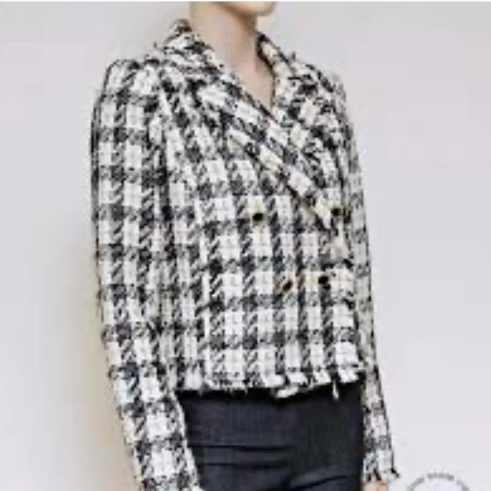 House of Harlow Plaid Tweed Metallic Fringe Wool Blend Blazer| S
